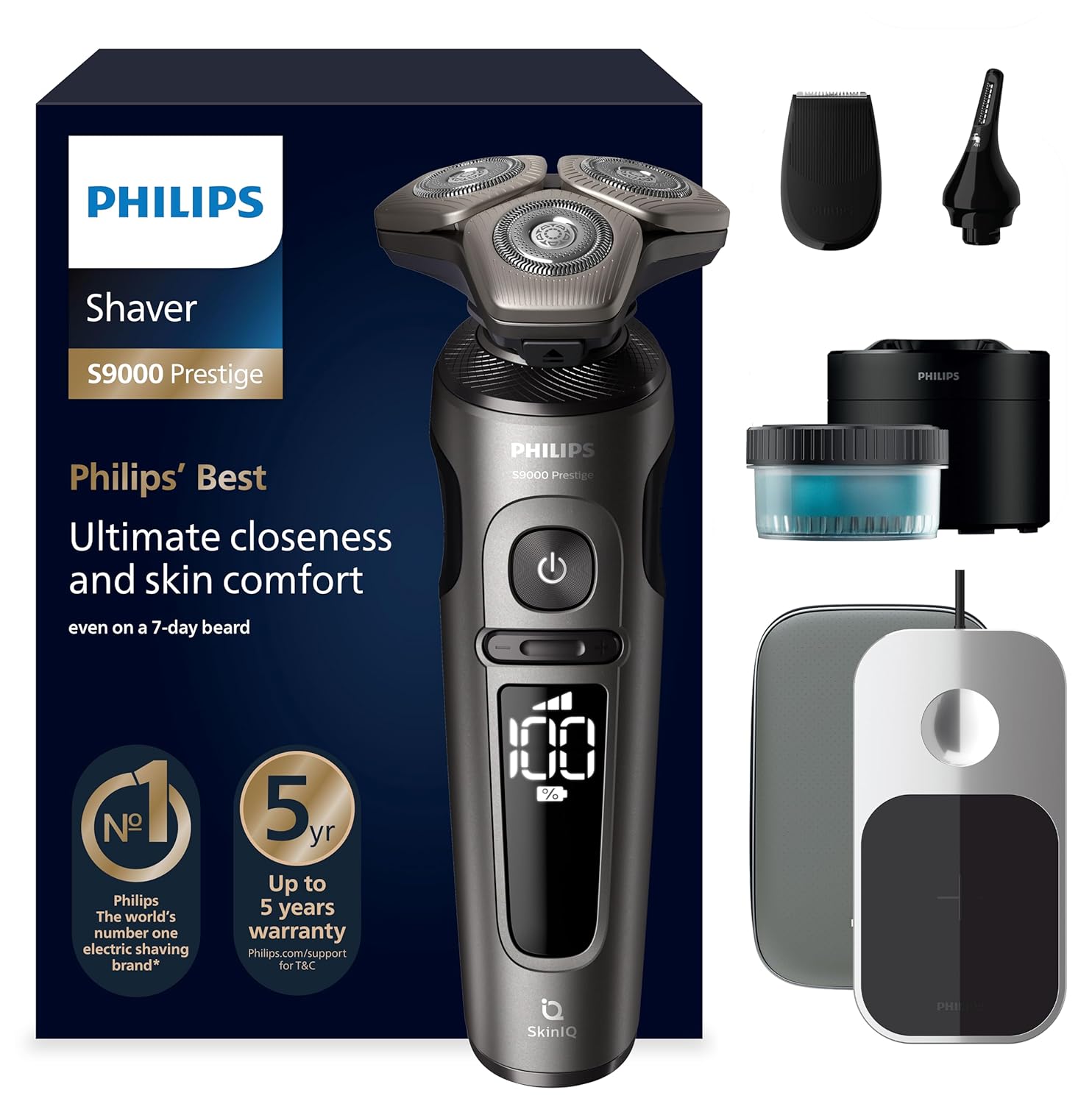 PHILIPS Shaver S9000 Prestige, elektrischer Nass- und Trockenrasierer, Gold, SkinIQ Technologie, Reiseetui, Qi-Ladepad, Präzisionstrimmer, Nasenhaartrimmer und Reinigungsstation, Modell SP9882/36