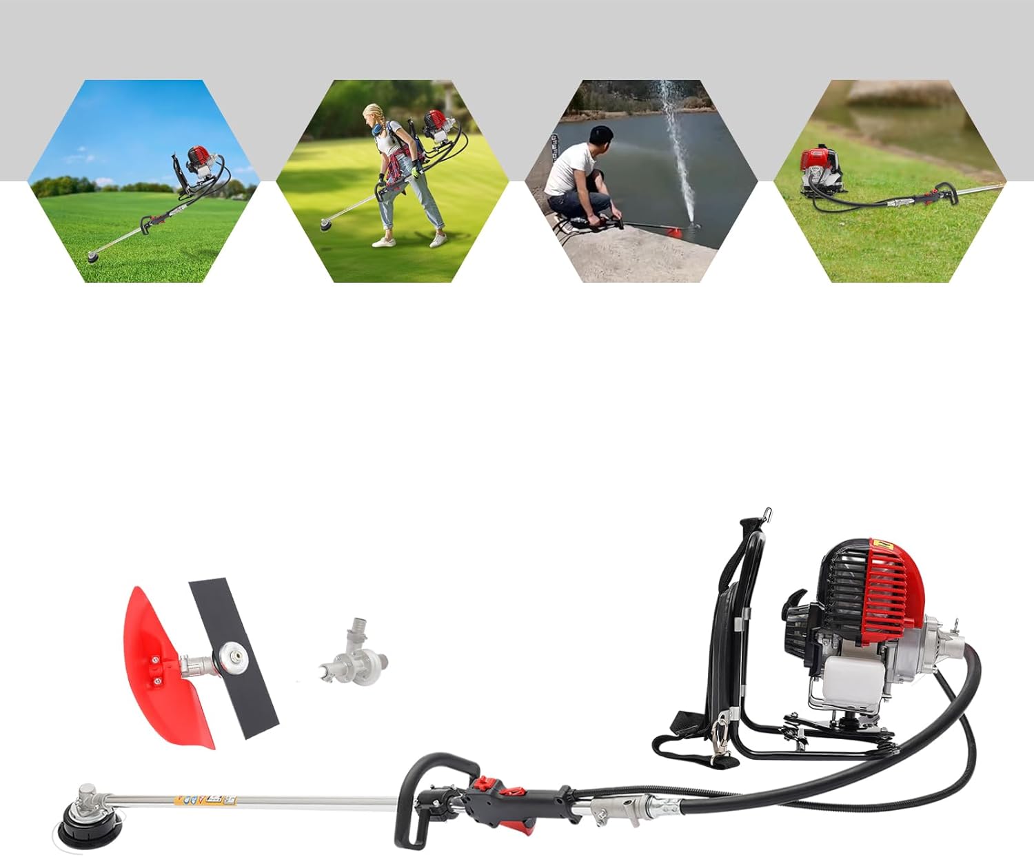 4-Takt Rückentragbare Benzin Motorsense, Multitool: Freischneider, Rasenmäher, Bewässerungsgeräte, 8500 U/min, Luftgekühlt, Einzylinder, Multitool Gartenwerkzeug, inkl.Werkzeugset