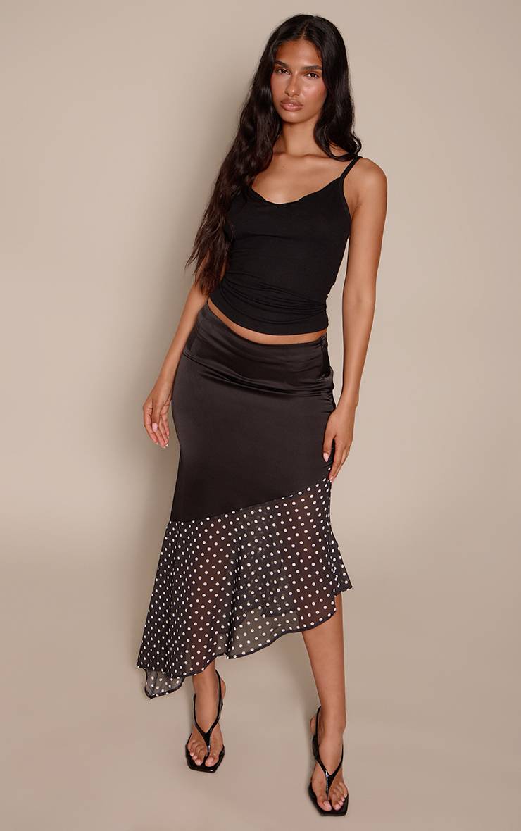 Noir Jupe Mi-longue Asymétrique En Satin À Pois Avec Panneau