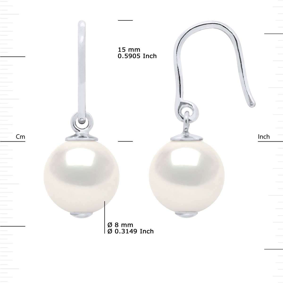 Crochets d'Oreilles Perle d'Eau Douce Rondes 8-9 mm Blanches Argent 925