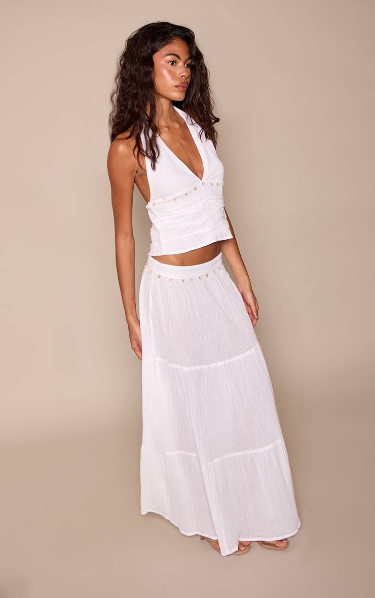 Blanc Jupe Longue En Coton À Détails Sequins Coordonnée