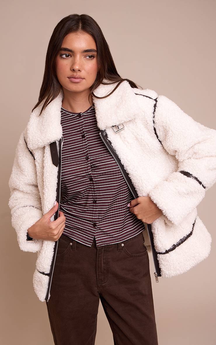 Crème Veste Aviateur Noire À Empiècements En Synthétique