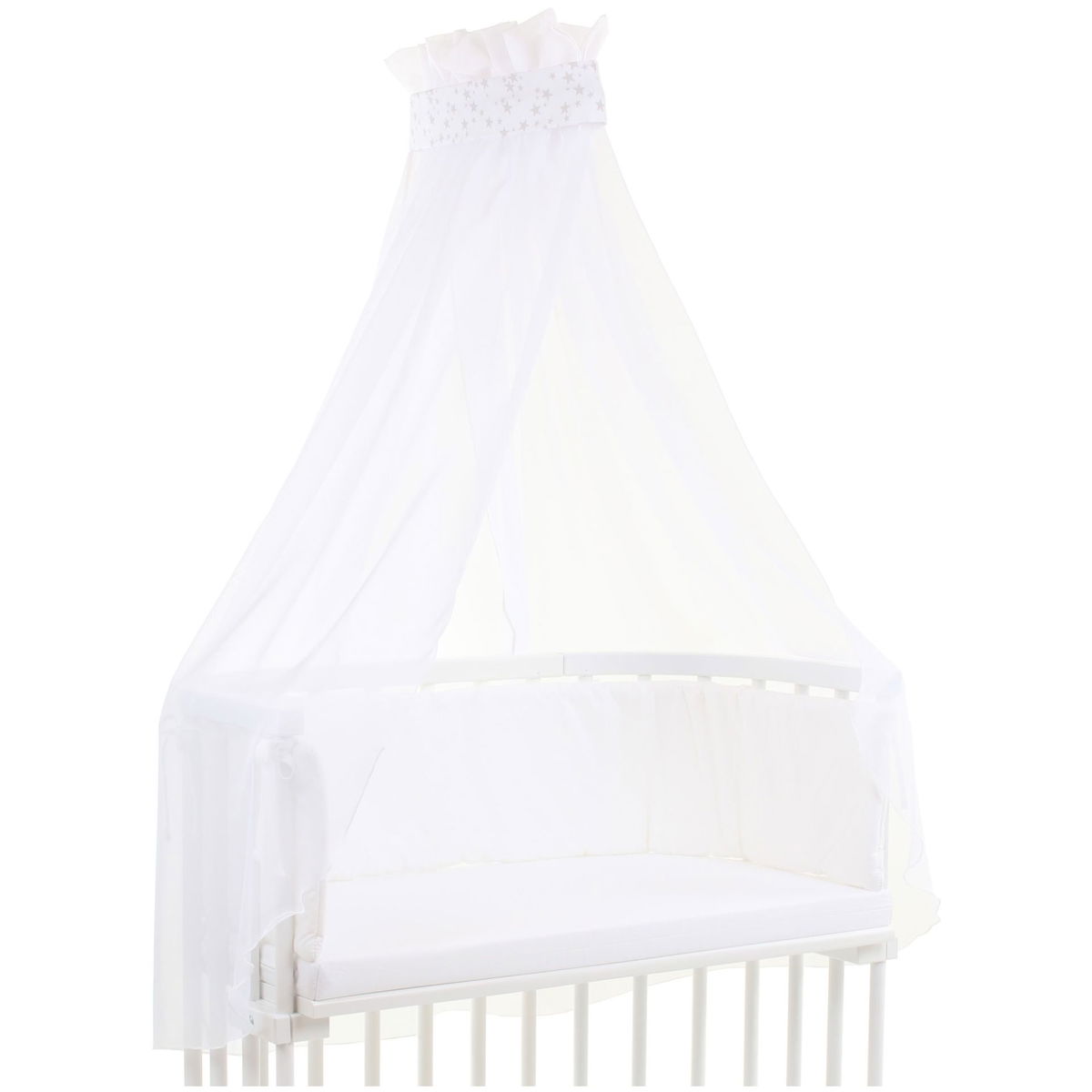 babybaybabybay   Beistellbett Himmel Vorhang pique weiss Sterne perlgrau