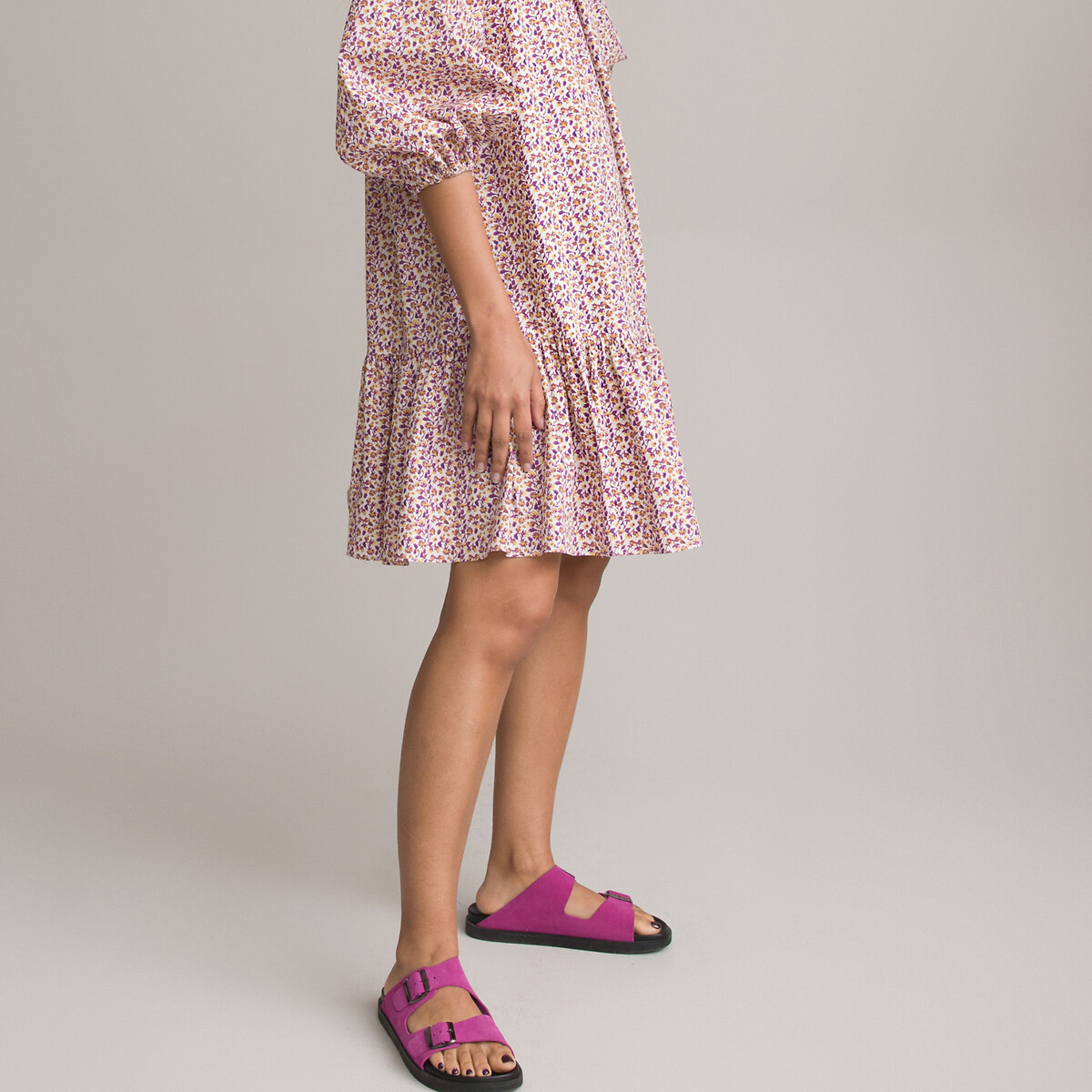 COLEÇÃO LA REDOUTE<br>Vestido com estampa de bandeira, decote redondo, mangas bufantes 3/4, estampado