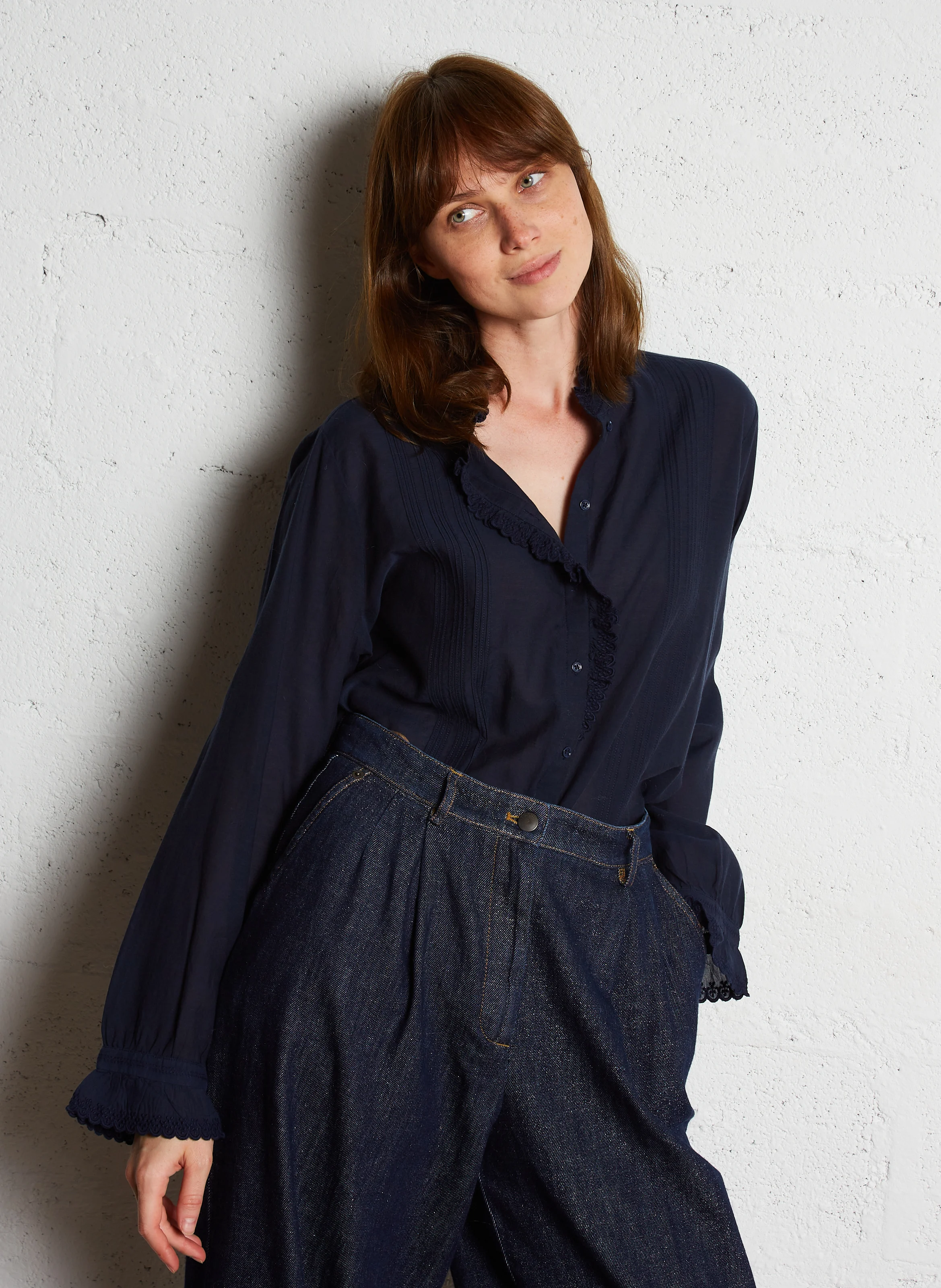 ETHEL - Blouse droite brodée en coton mélangée | Bleu