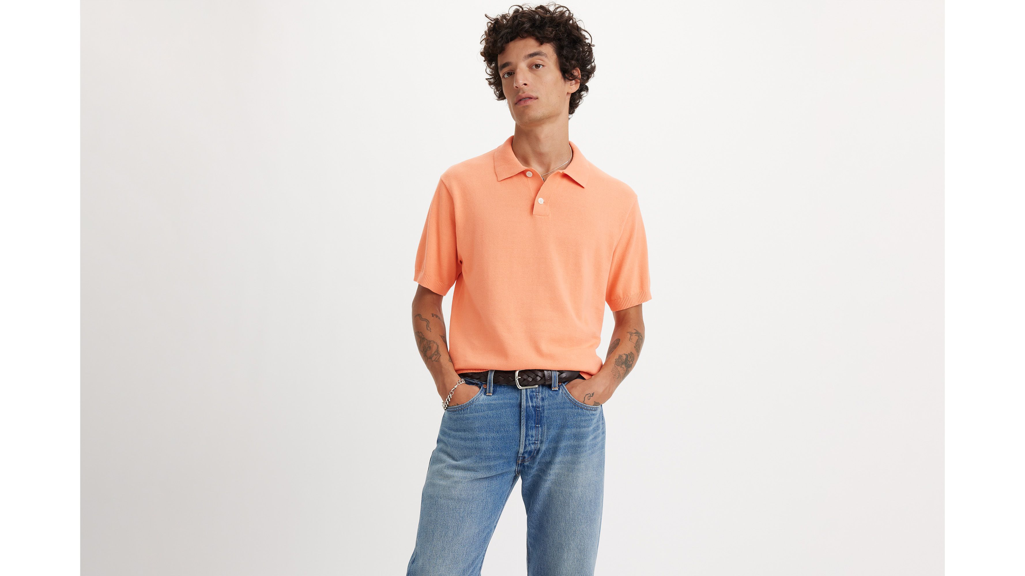 Pull-over col polo maille fine - Peach Bloom - Orange