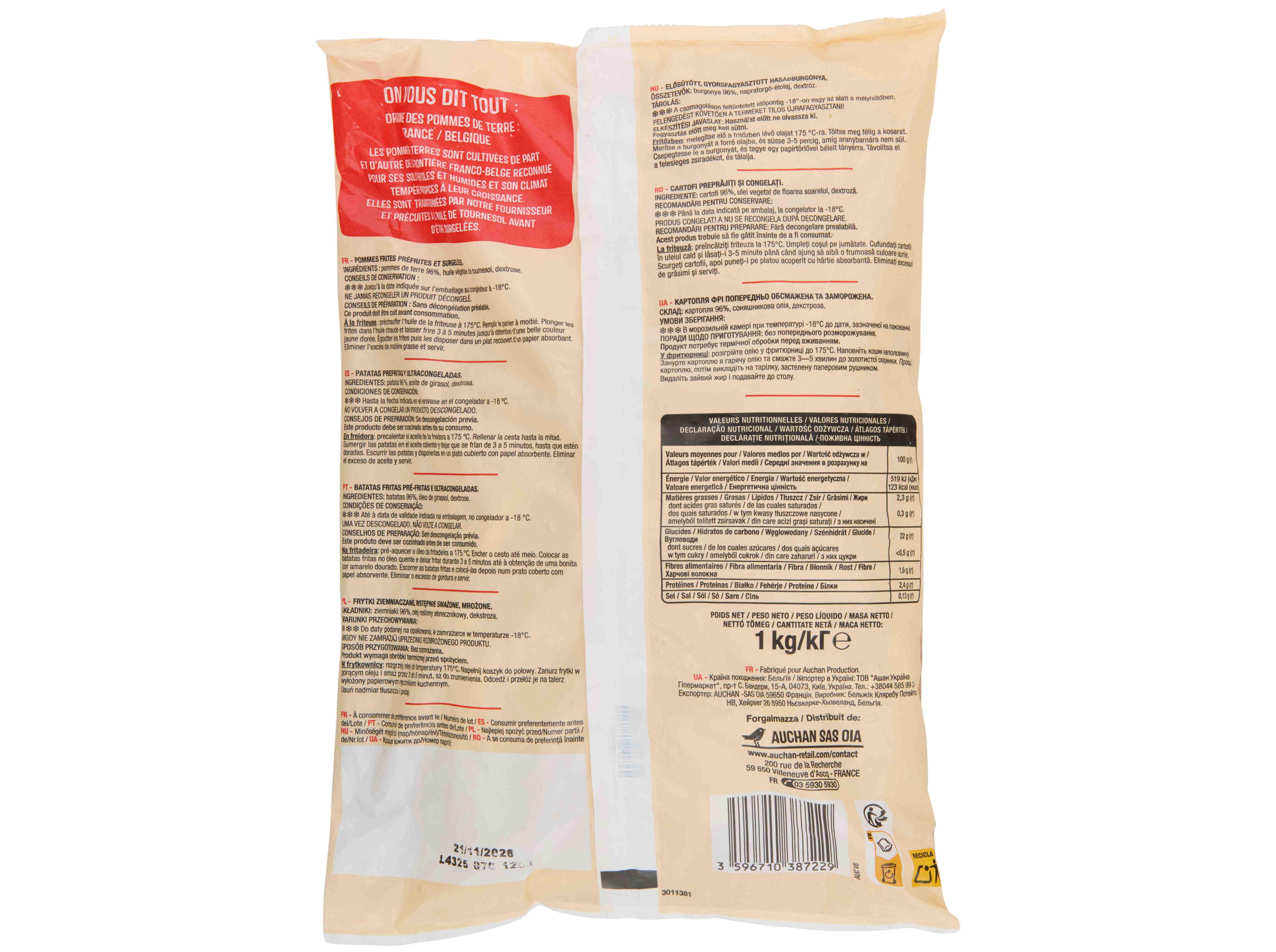 BATATAS AUCHAN PRÉ FRITAS PALITO CLASSIC P/FRITAR 1KG