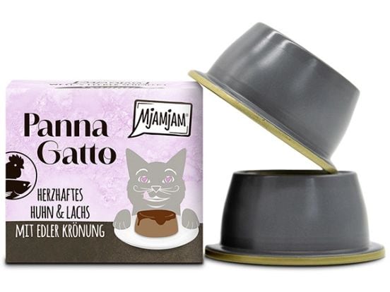 Mjamjam Panna Gatto Huhn und Lachs mit edler Krönung, 2 x 8 Alleinfuttermittel für ausgewachsene Katzen