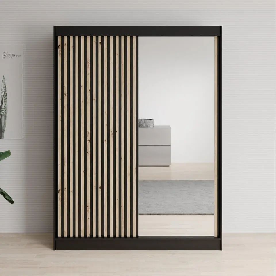Meubella - Kledingkast Lisbon 2 - Zwart - 150 cm - Met spiegel