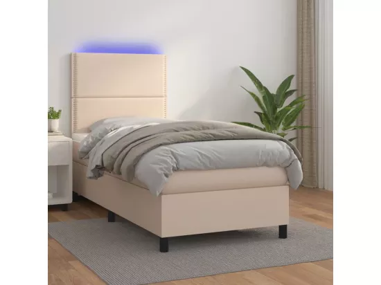 Sommier tapissier matelas et LED Cappuccino 90x190cm Similicuir