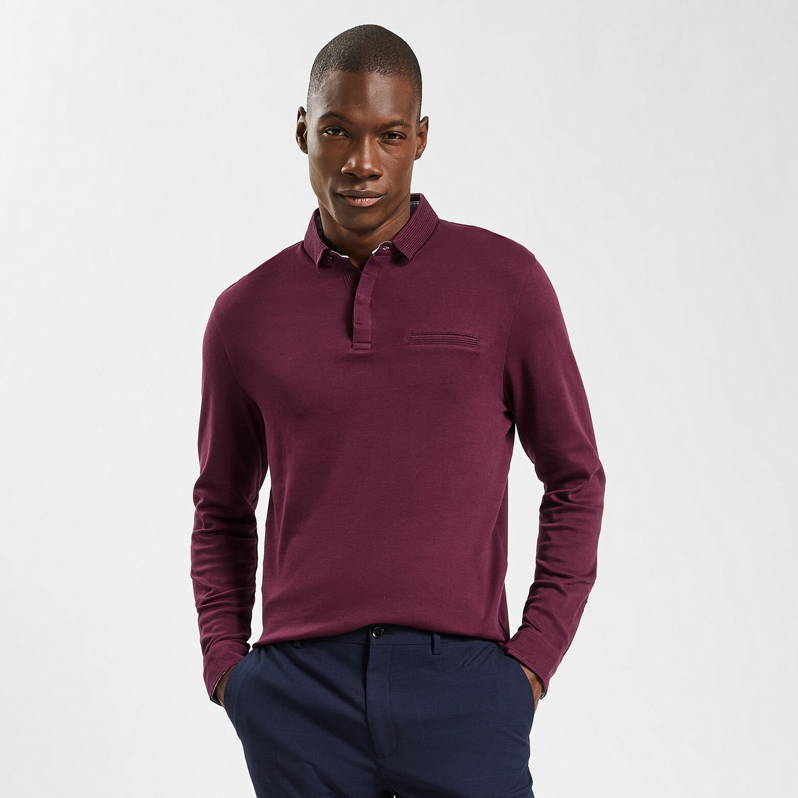 Polo manches longues interlock uni Bordeaux