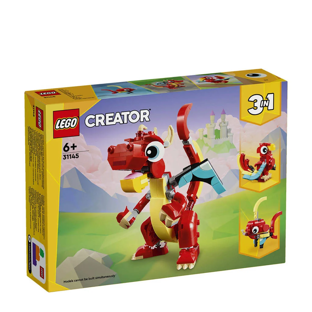 De rode draak3-in-1 Rode draak Speelgoed Dieren Figuren Set met Vis en Feniks 31145