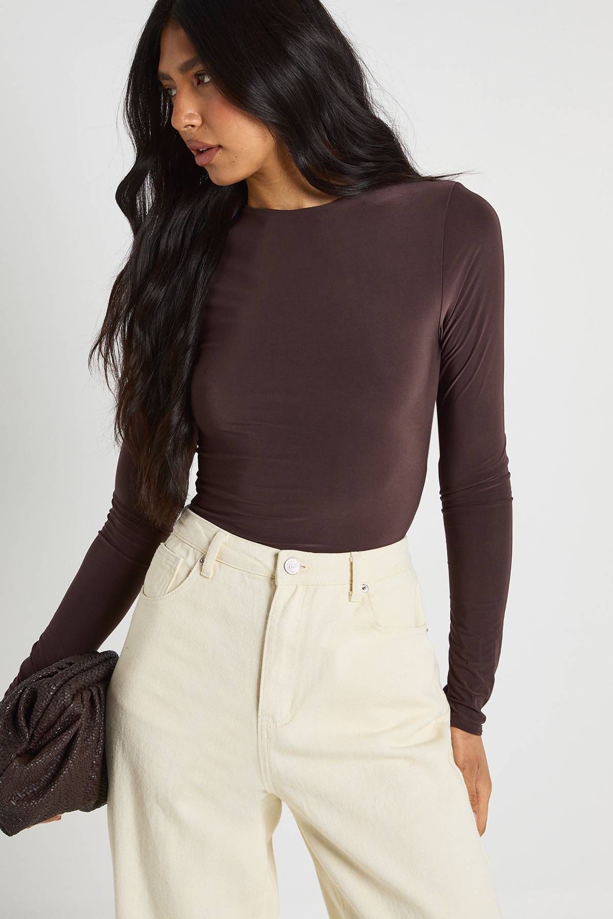boohoo Body À Manches Longues Et Col Rond En Tissu Slinky Double Épaisseur Pour Grande Taille