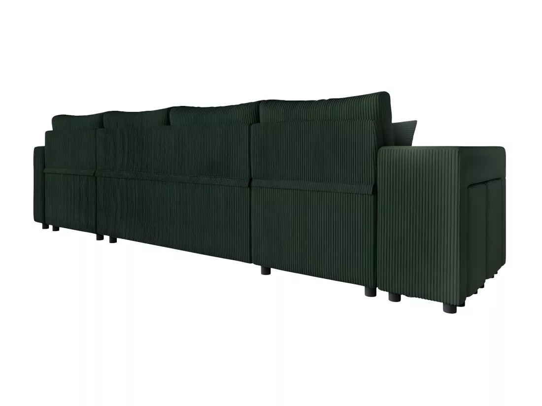 Canapé panoramique Oslo convertible avec 2 coffres, 2 poufs à gauche en velours côtelé vert foncé - L311 x P146 x H81cm - Loungitude