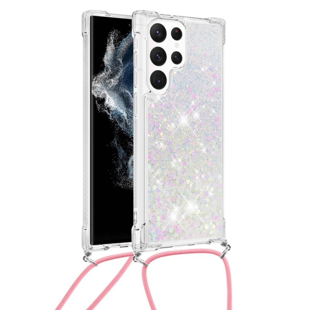 Samsung Galaxy S23 Ultra 5G Necklace Gummi Hülle Liquid Glitzer   Handykette (130cm) - Rosa / Silber