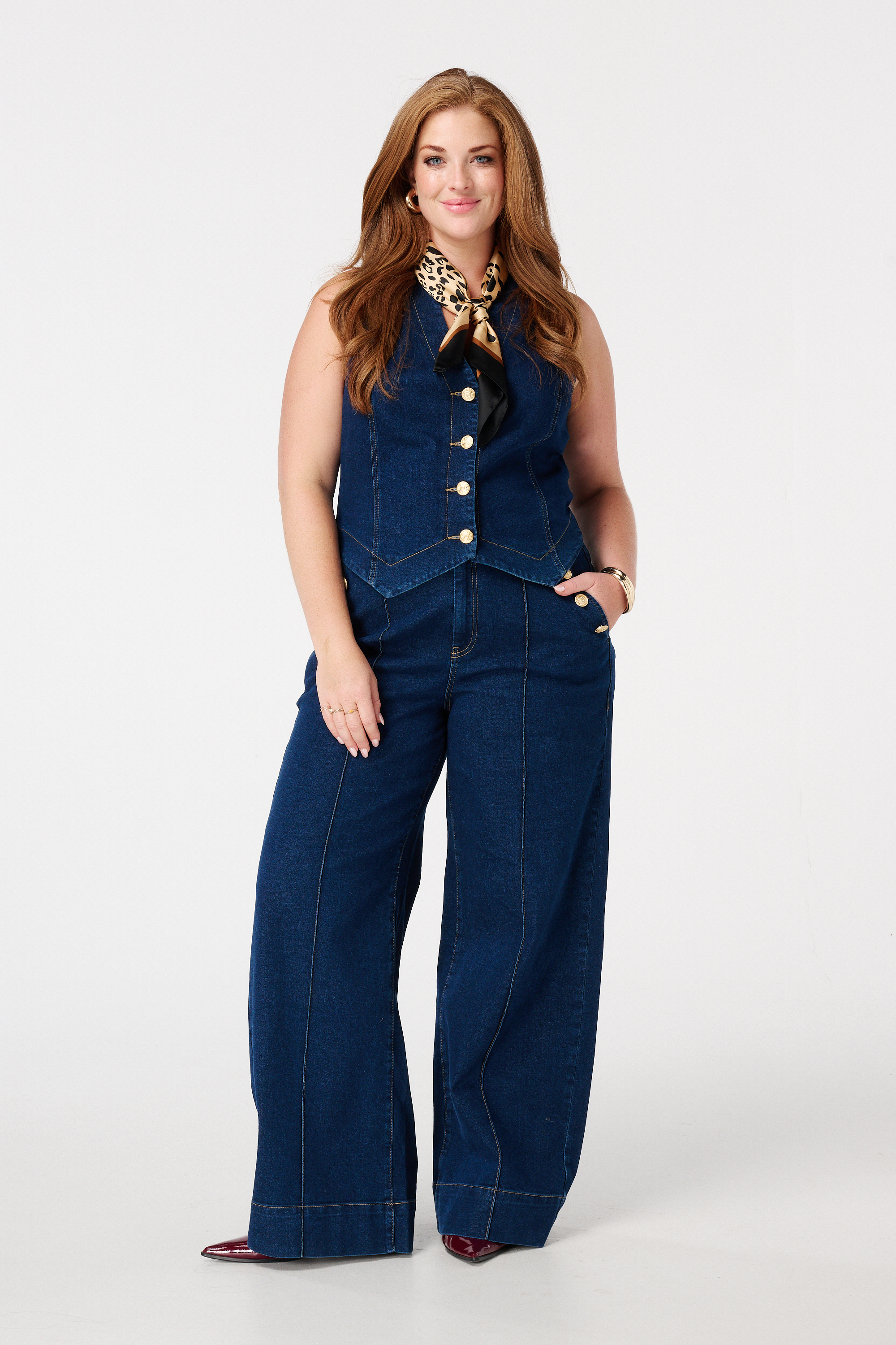 Wide leg jeans met sierknopen Rinse Washed Denim