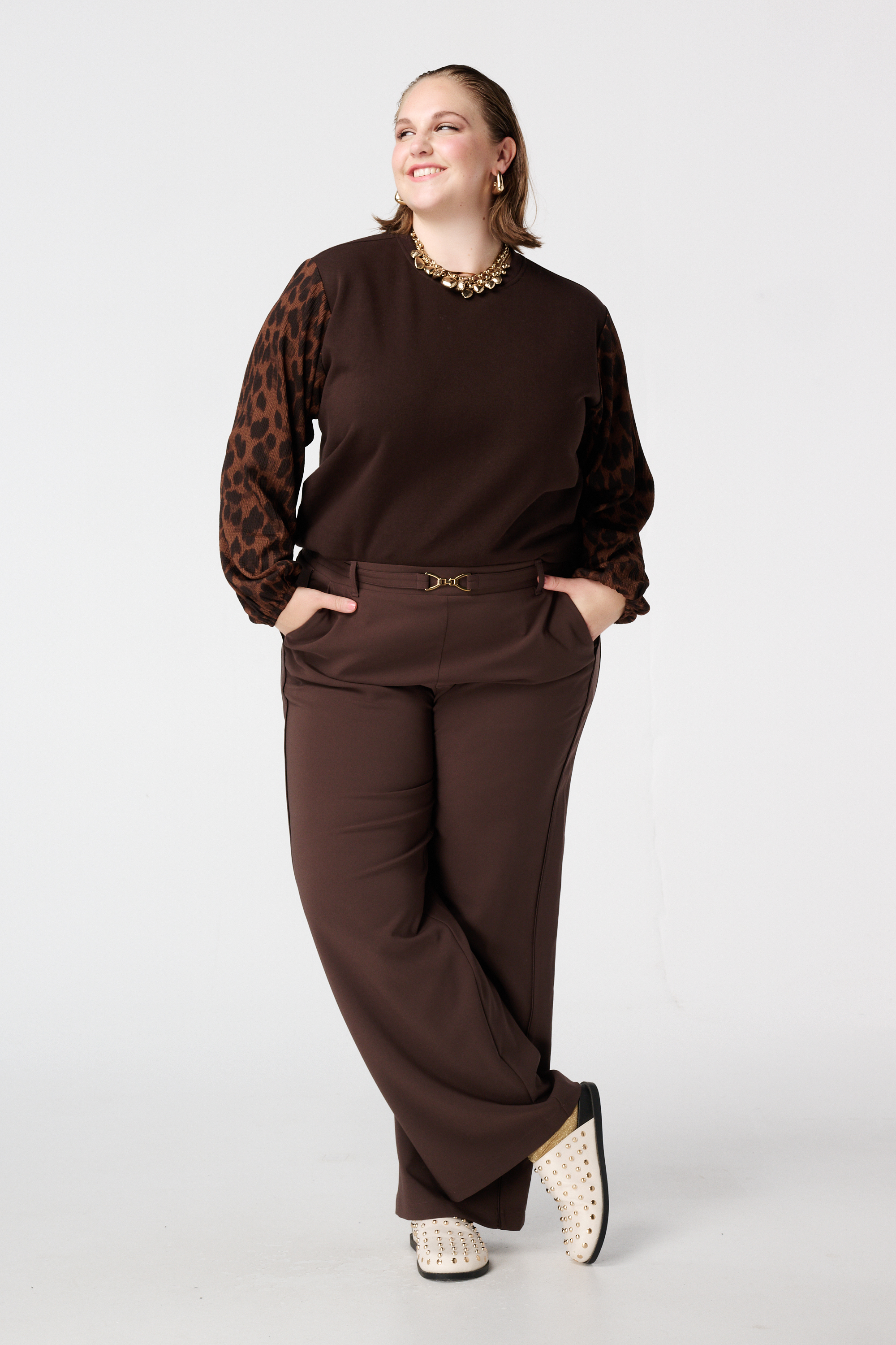 Sweater met ballonmouwen met opdruk Donker bruin