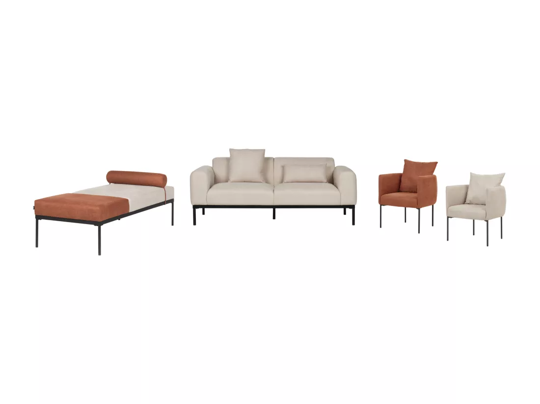 Chaise longue en lin synthétique et en similicuir beige et marron doré MALMOS