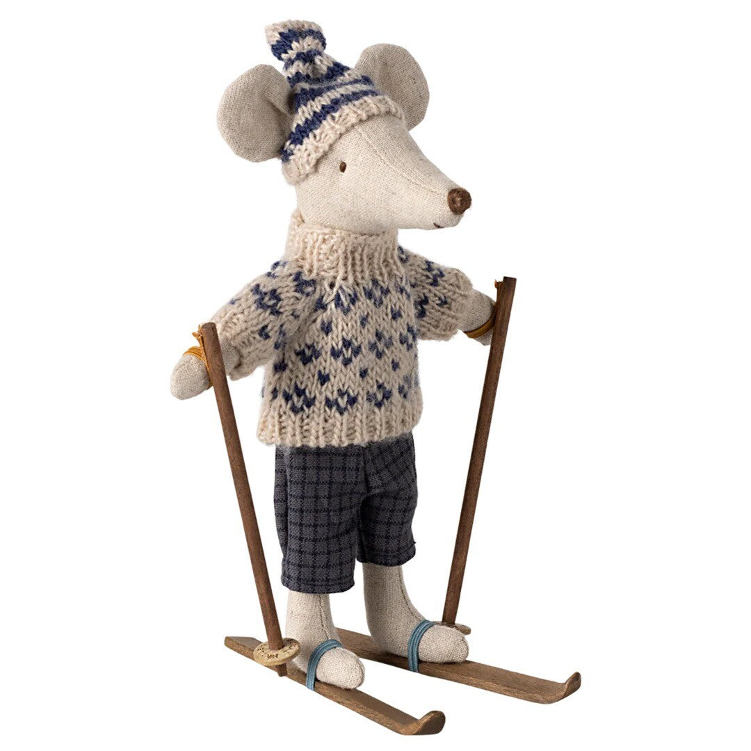 Maileg knuffelmuis vader op ski's - blauw