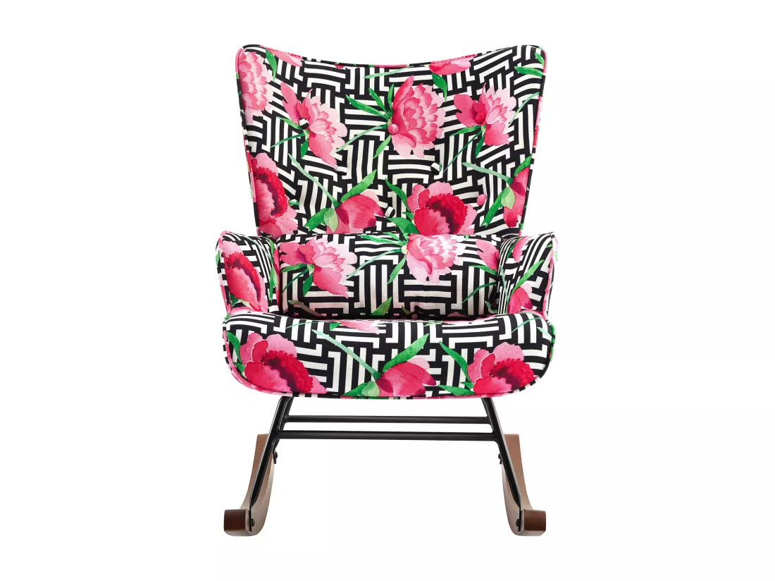 Fauteuil à bascule en velours avec cadre métallique et détails en bois