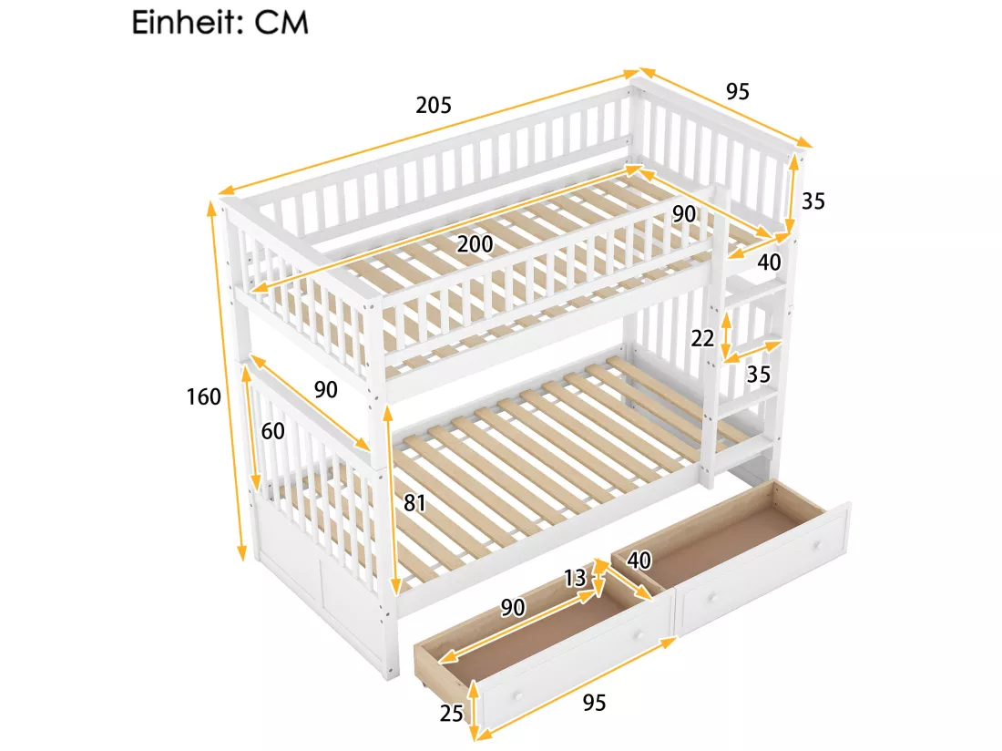Lits superposés séparables enfant - 2x90x200 cm - 2 tiroirs - cadre en pin blanc - sommier à lattes - barrières de sécurité - MERAX