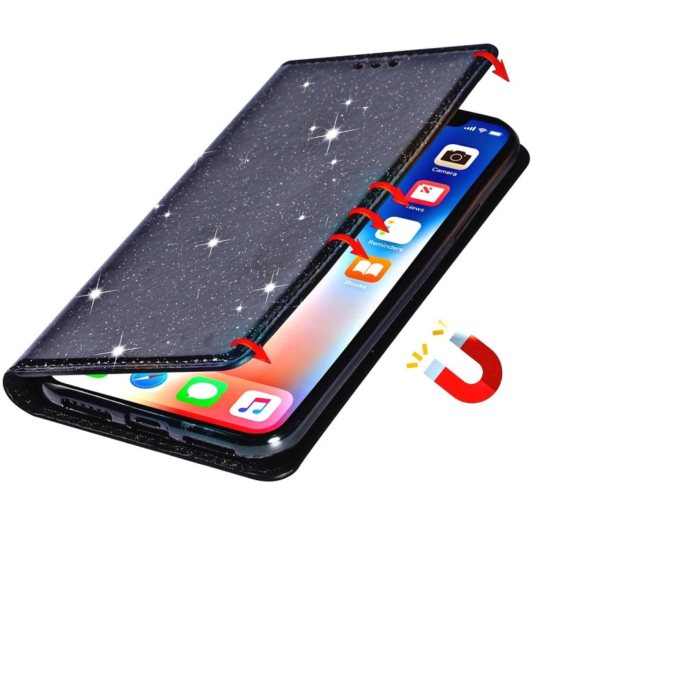 Samsung Galaxy S23 Ultra 5G Flip Wallet Cover Leder Tasche Glitzer Optik - Schwarz