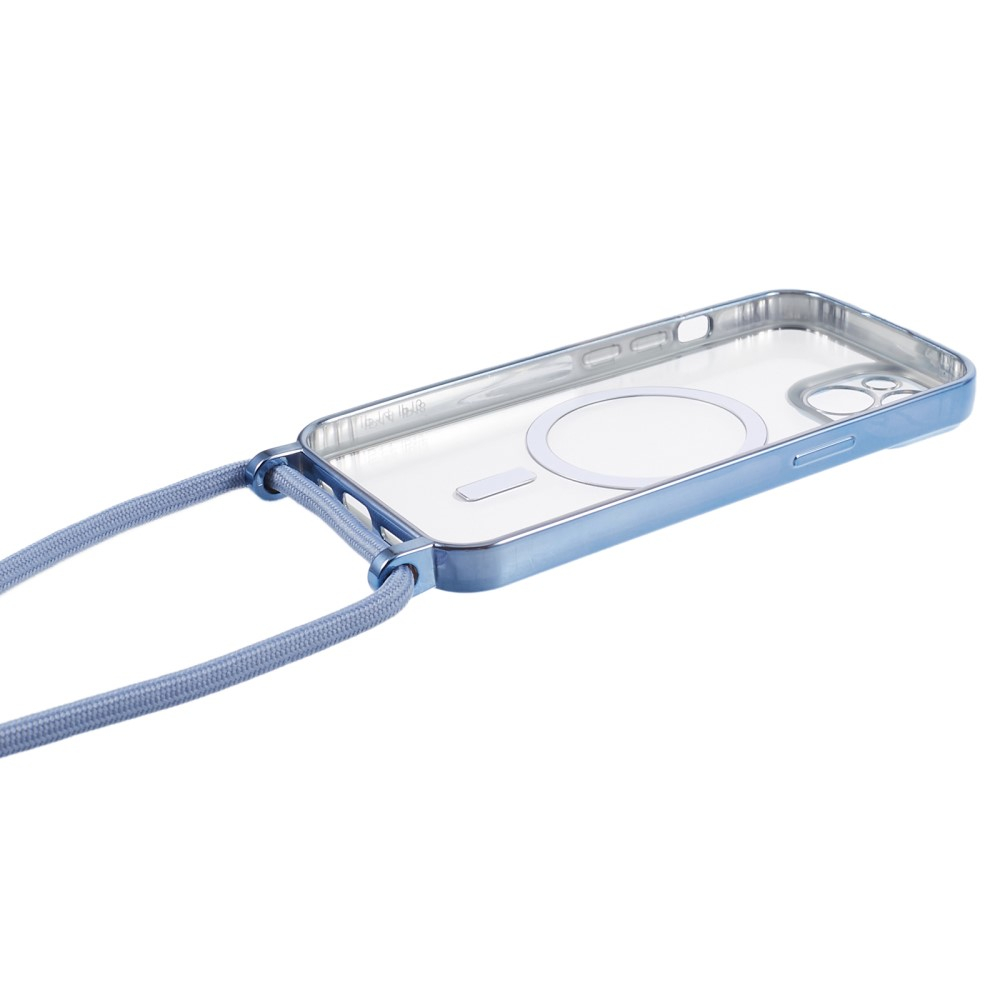 iPhone 15 MagSafe Necklace Gummi Case Hülle Galvanisierter Rahmen mit Handykette (160cm)   Kameraschutz - Blau / Transparent