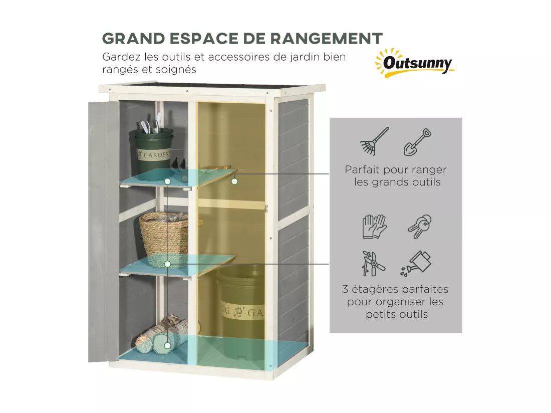 Armoire abri de jardin remise pour outils - grande porte verrouillable loquet - 2 étagères - toit bitumé incliné bois de sapin blanc gris
