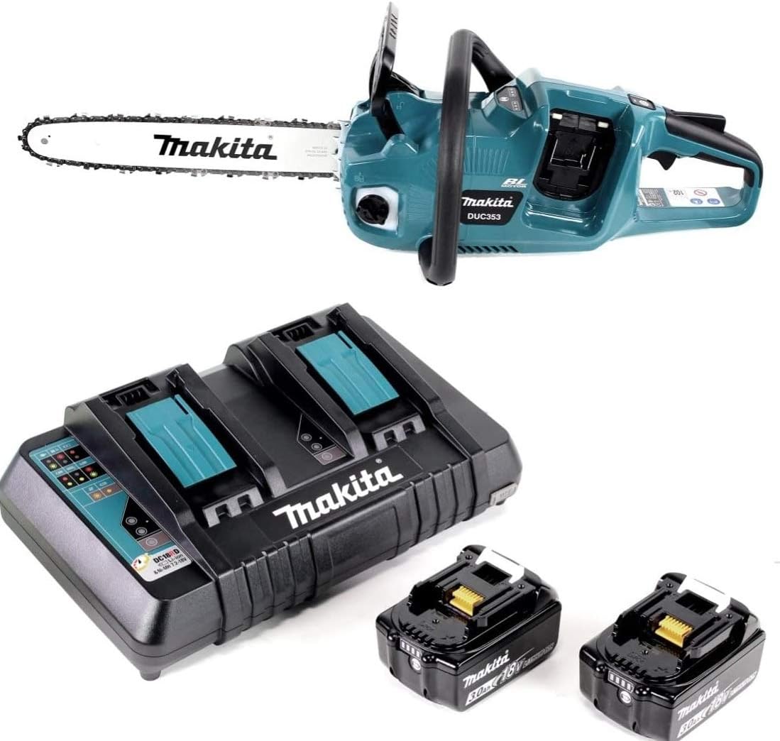 DUC 353 PF2 Akku Kettensäge 36V (2x18V) Brushless 35 cm + 2x 3,0 Ah Akku + Doppelladegerät
