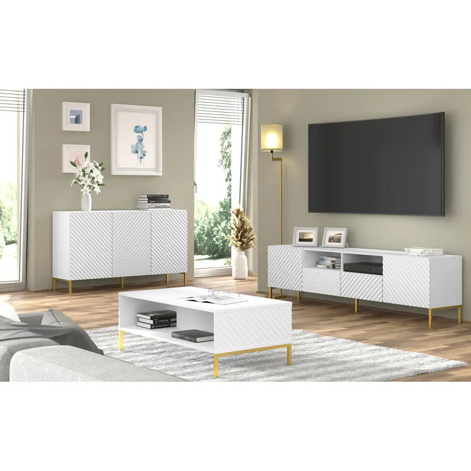 SURF dressoir 4D 200 cm mat wit   gouden frame
