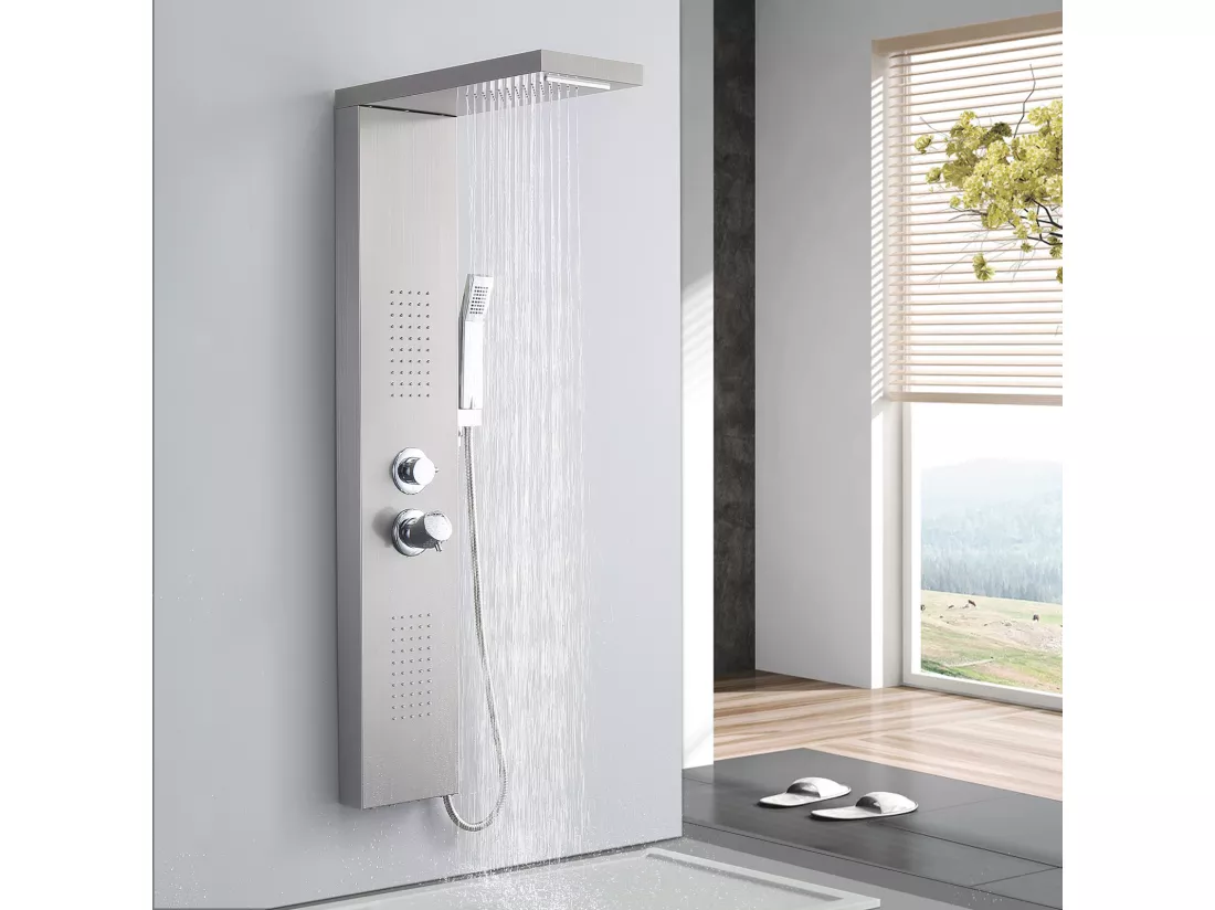 Homelody Colonne de Douche Hydromassante, Panneau de Douche Multifonction en Acier Inox a Montage Mural , chromé