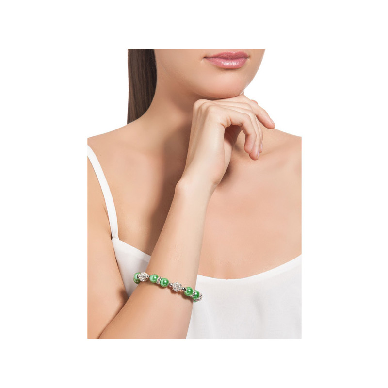 Bracelet 1 Rang en Perles Vertes, Cristal et Plaqué Rhodium