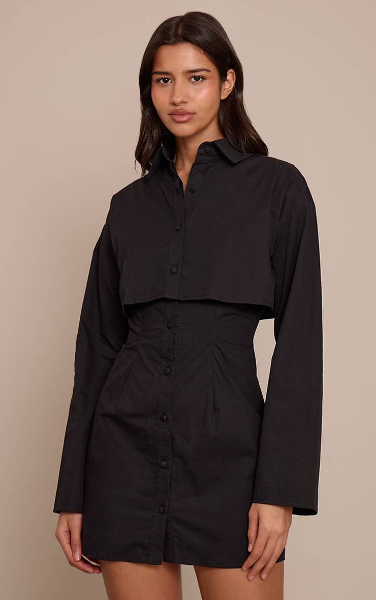Noir Robe Droite Grande Taille À Manches Longues Avec Détail Superposé