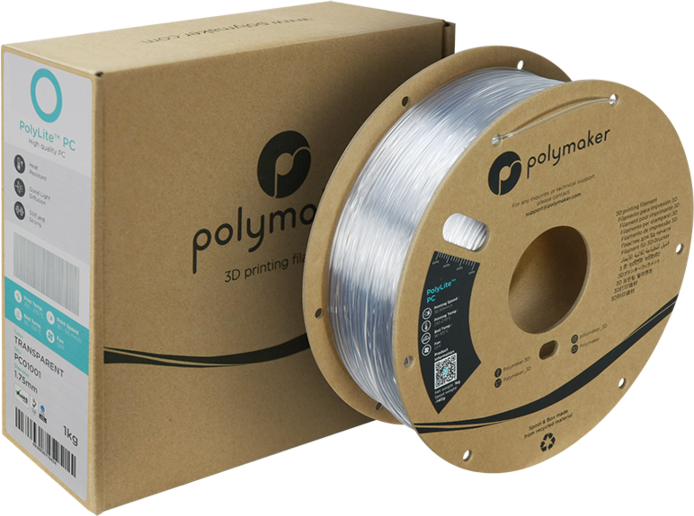 Polymaker  PolyLite PC Transparent, 1,75 mm / 1000 g    Polycarbonat für den Desktop 3D Drucker in Transparent Natur