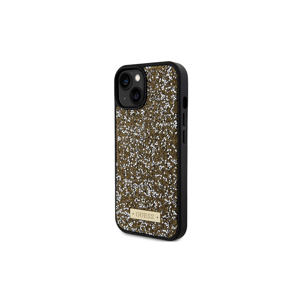 iPhone 15 Hybrid Hardcase Hülle Rhinestone Metal Logo (GUHCP15SPFGSBSD) - Gold / Schwarz