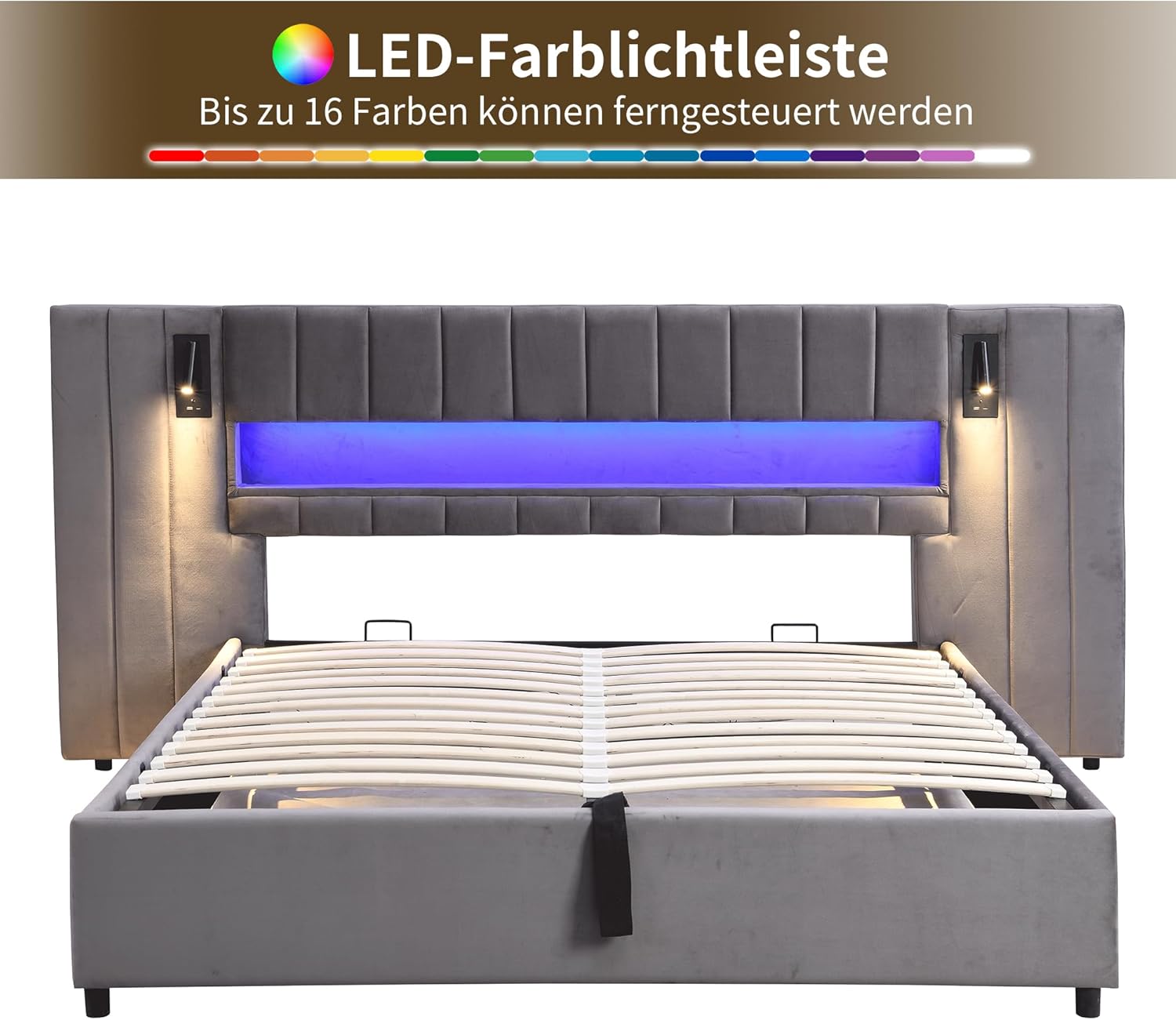 Kayan Polsterbett 180x200cm, Boxspringbett mit hydraulisches Bettkasten, Doppelbett mit LED-Kopfteil und Lattenrost, Leselicht mit USB Aufladen, Stauraumbett Jugendbett Bettgestell, Samt