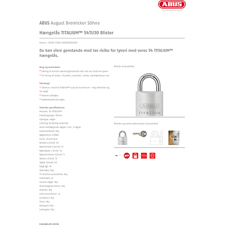 ABUS hængelås 54TI/30 enslukkende
