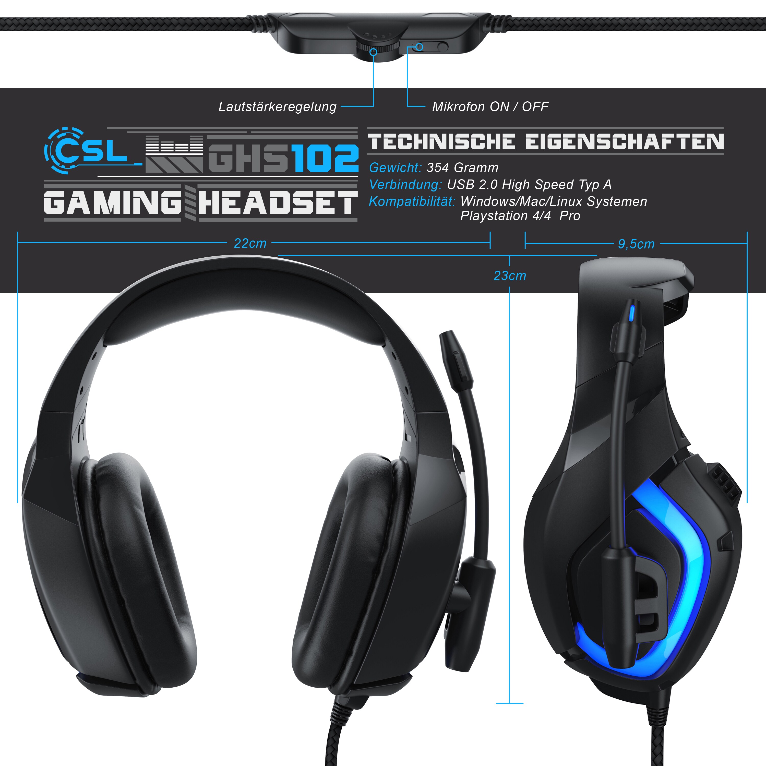 CSL USB Gaming Headset GHS-103 mit Mikrofon Kopfhörer für PC (Win XP/7/8/8.1/10), PS4/4 Pro