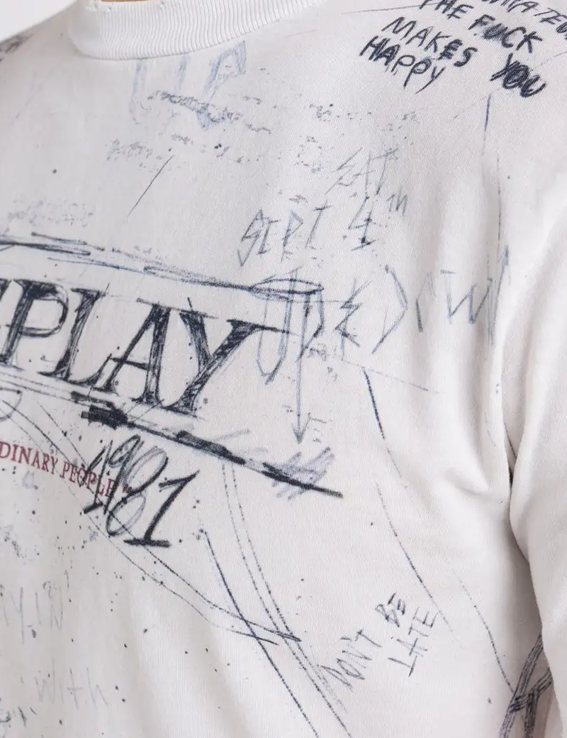 REPLAY T-SHIRT HOMME JERSEY REGULAR BLANC IMPRIMÉ NOIR