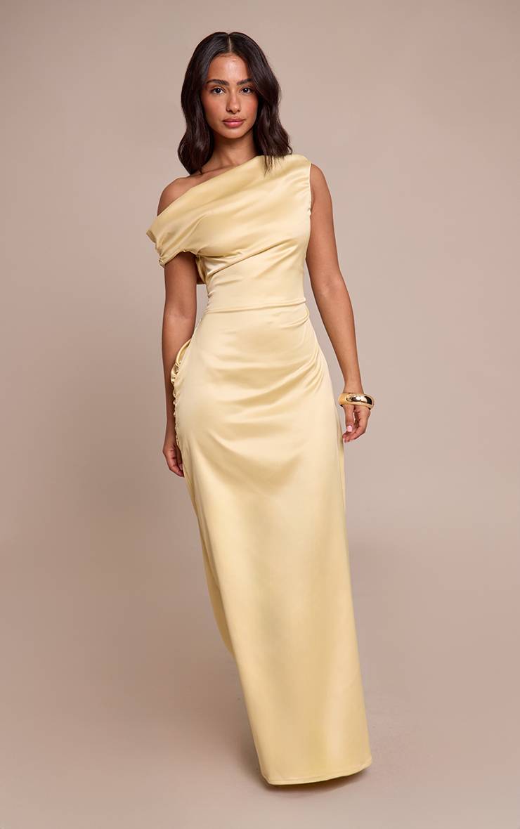 Butter Yellow Robe Longue Satinée Asymétrique Froncée Petite Taille