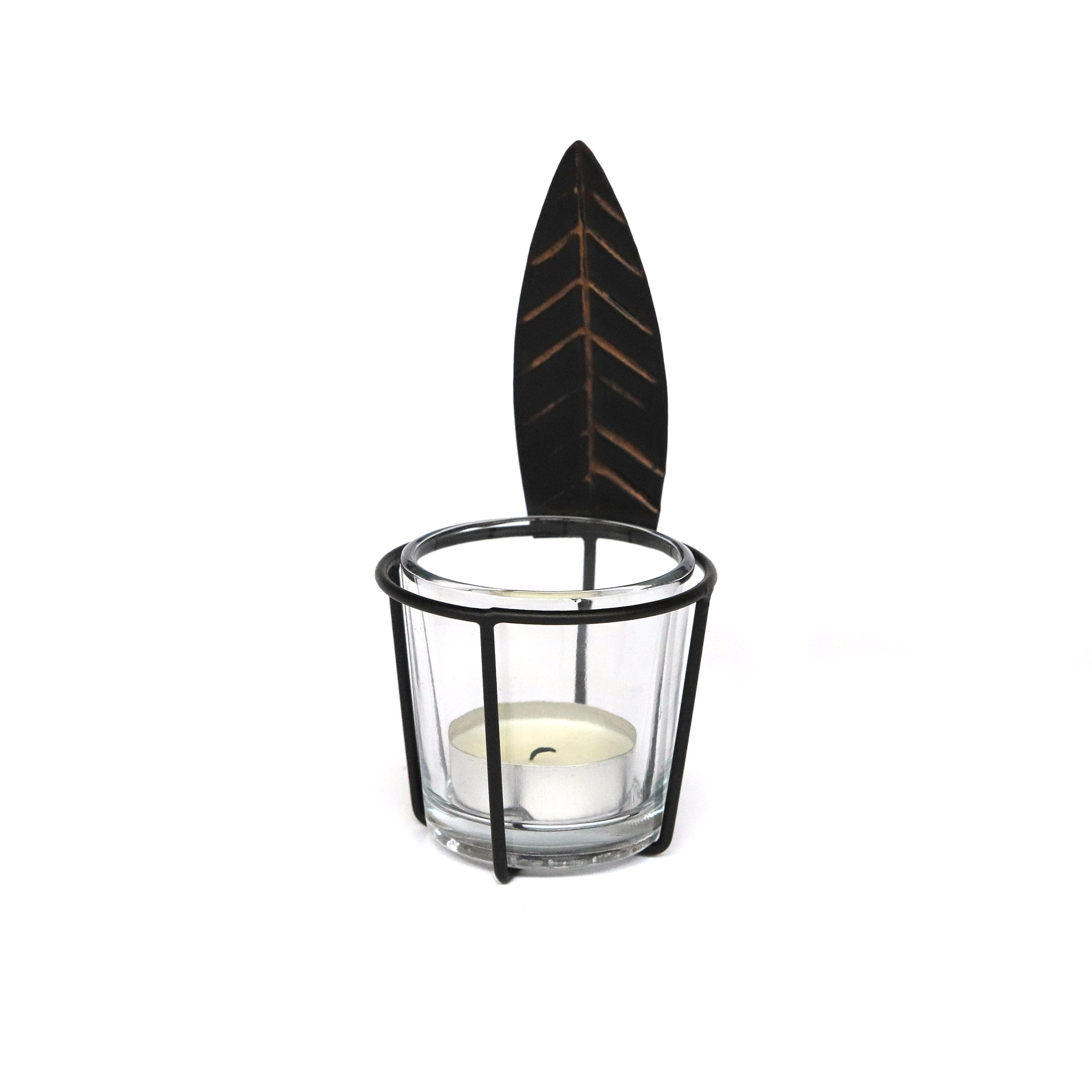 Teelichthalter 'Feder' mit Glas, schwarz, braun, Ø 7 cm, H 13 cm von fischer's lagerhaus
