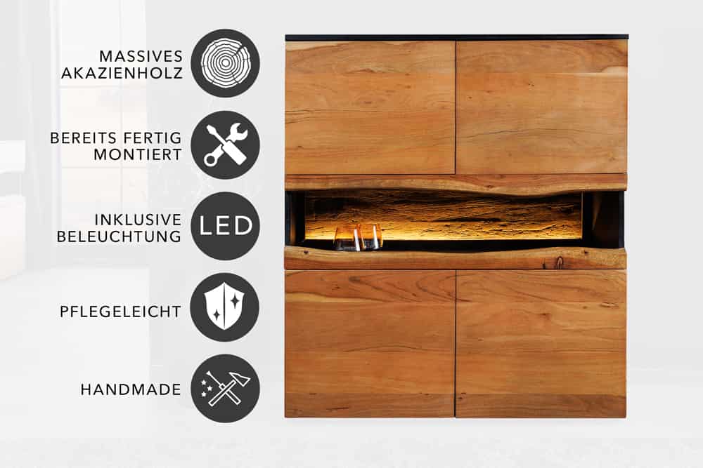 Massivholz Highboard GRAND ACACIA 120cm braun Akazie mit LED-Beleuchtung Baumkante