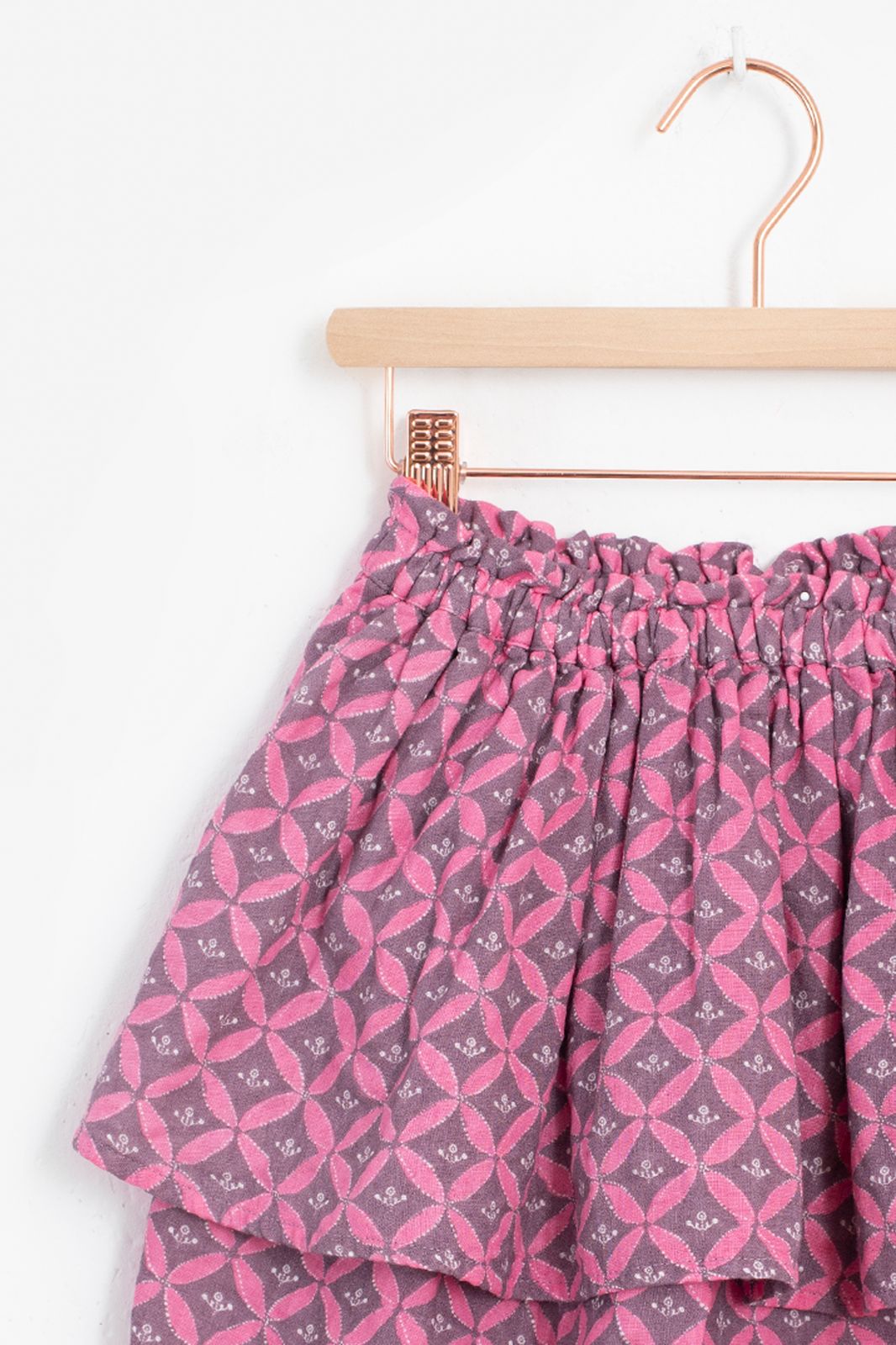 Paarse rok met ruffles en print