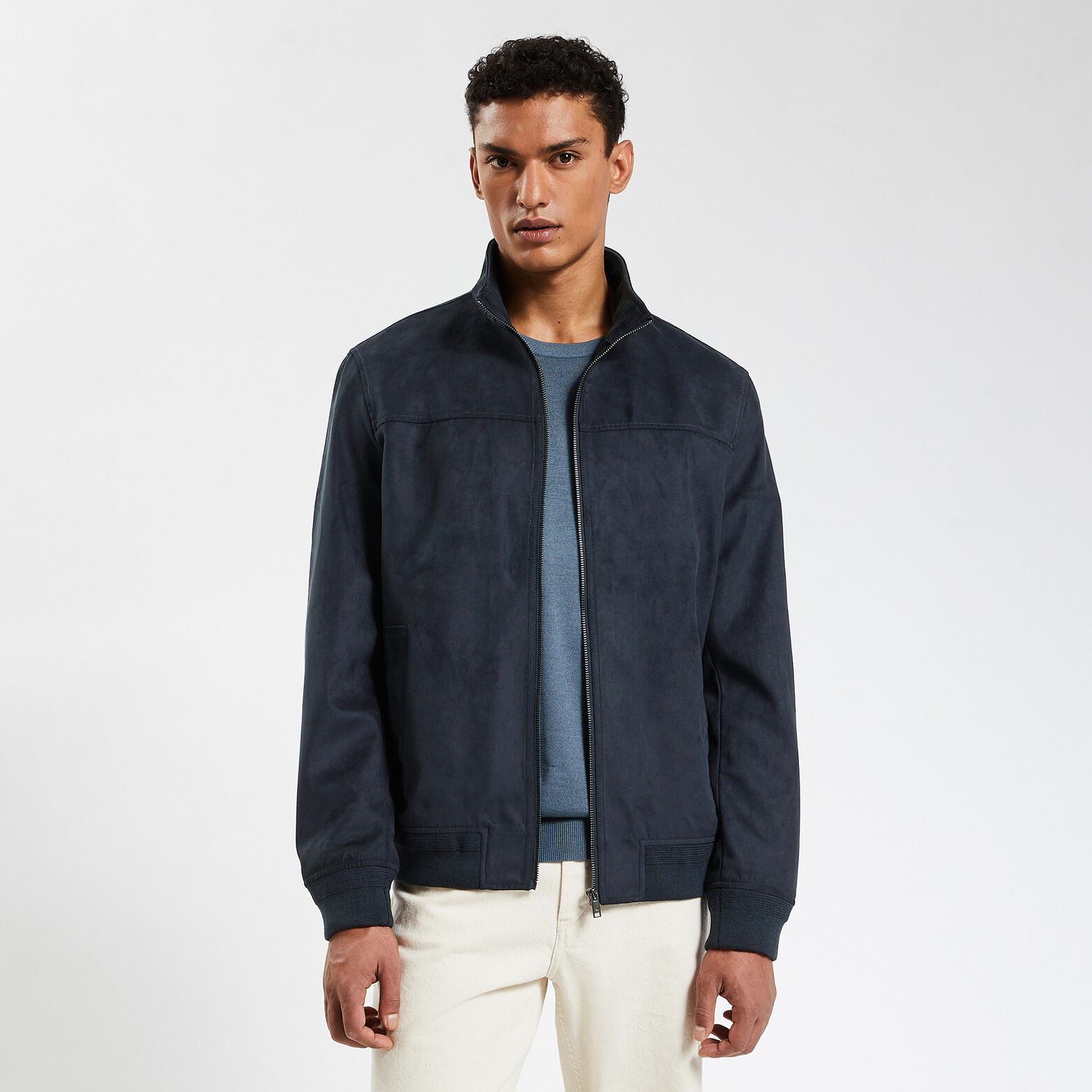 Blouson col montant aspect velours Bleu foncé