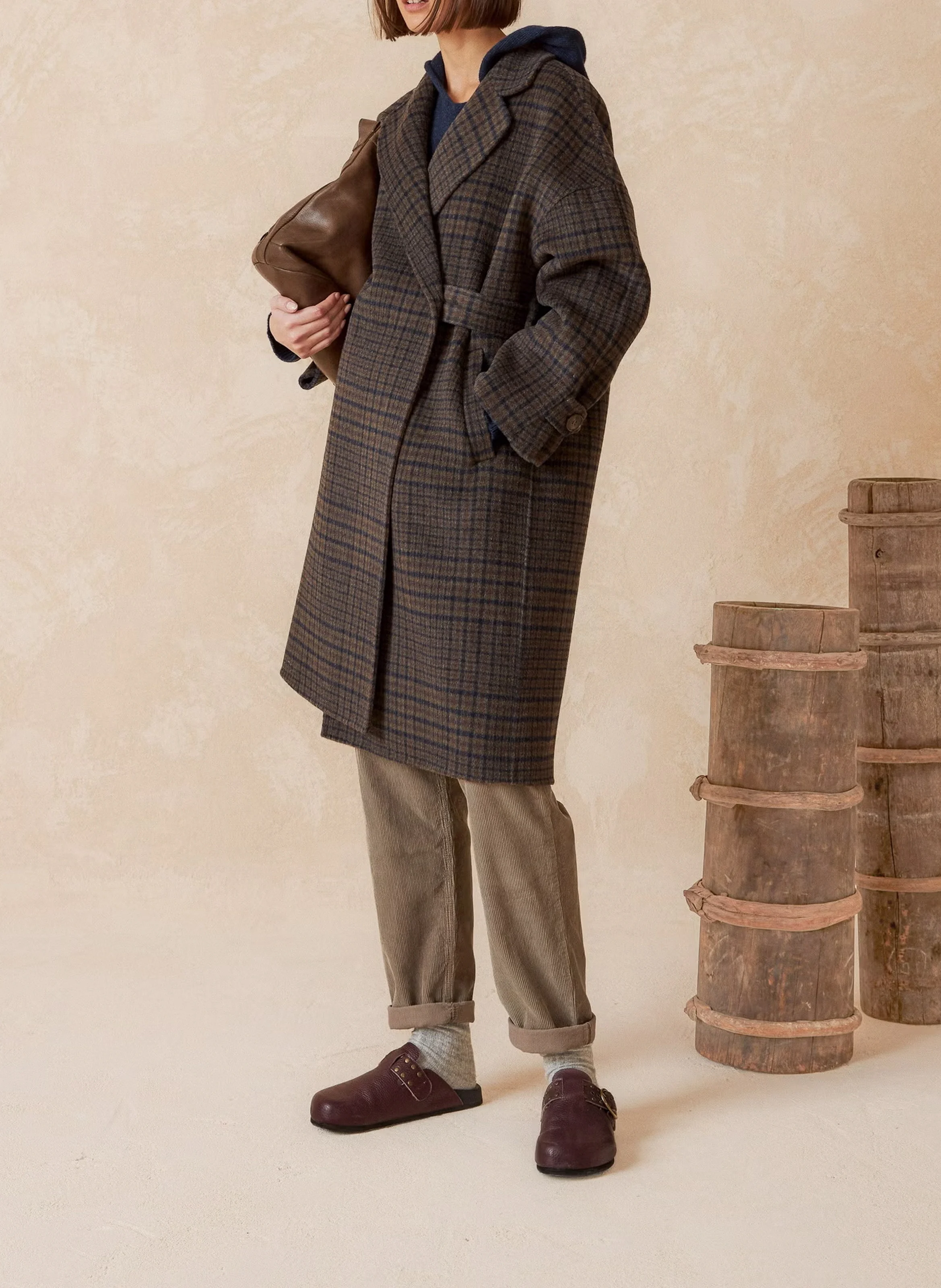 Manteau long à carreaux en laine mélangé | Marron