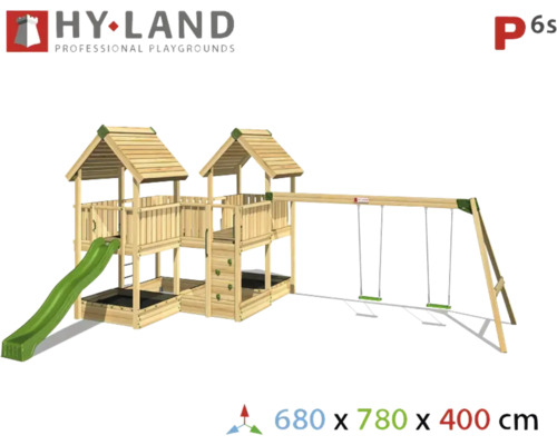 Hyland Project 6S houten speeltoren met zandbak, klimwand, dubbele schommel, glijbaan, groen