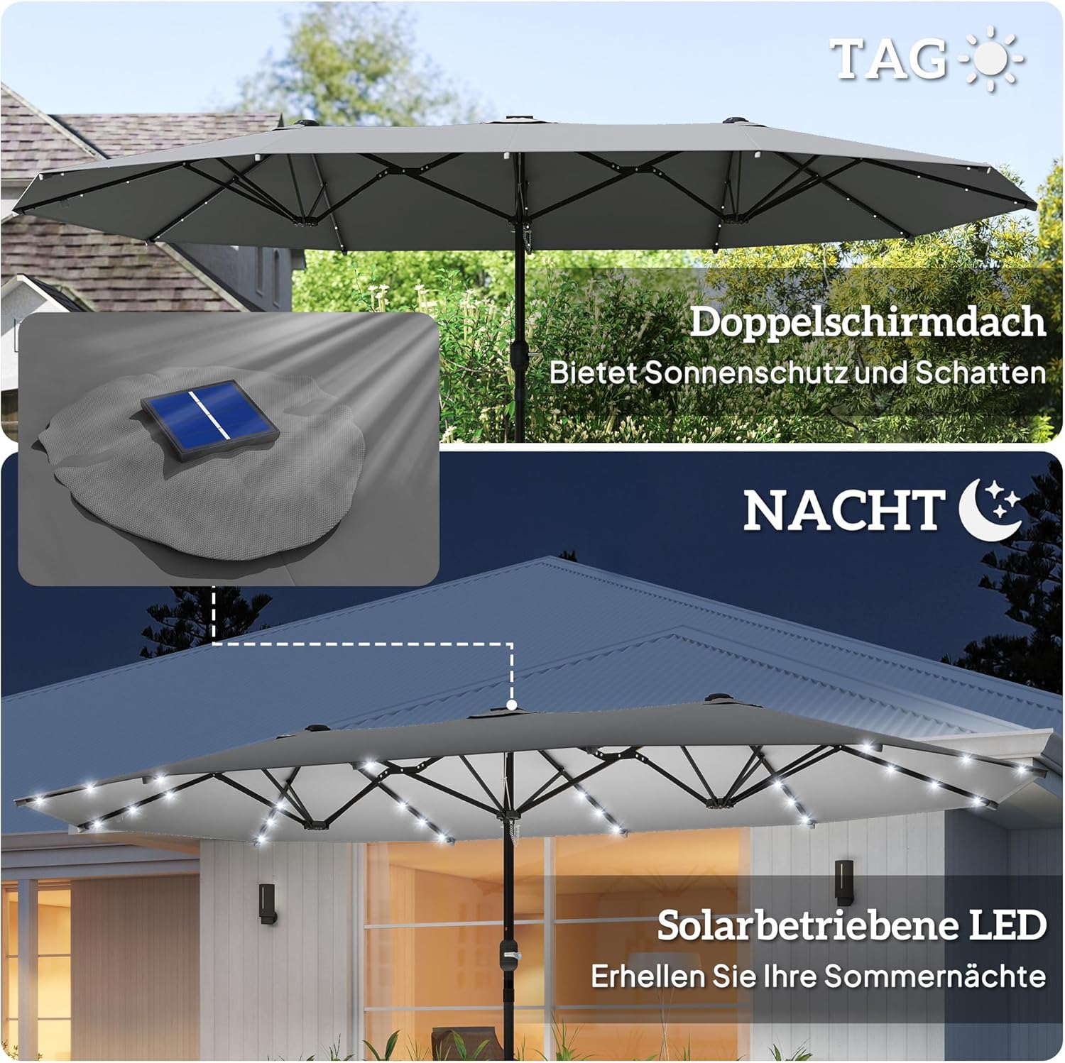 Outsunny Sonnenschirm mit LED Doppelsonnenschirm 443 x 260 cm Gartenschirm Marktschirm groß Terrassenschirm mit Handkurbel Oval Metall