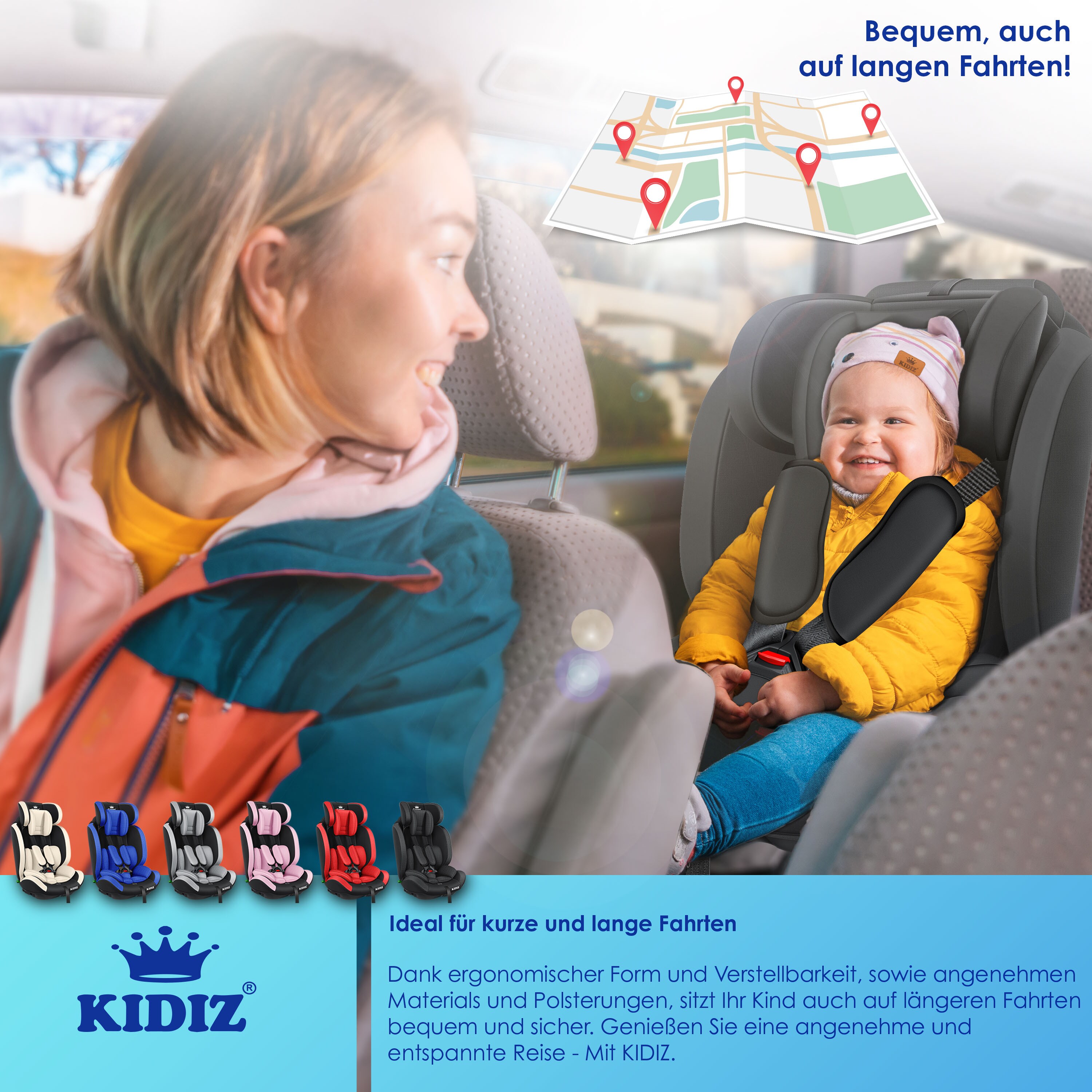KIDIZ® Autokindersitz Premium Kinderautositz Gruppe 1+2+3, 9-36 kg 5-Punkt-Sicherheitsgurt, Autositz, Kindersitz, Einstellbare Kopfstütze, Mitwachsende Sitzerhöhung 1-12 Jahre, Stabil und Sicher