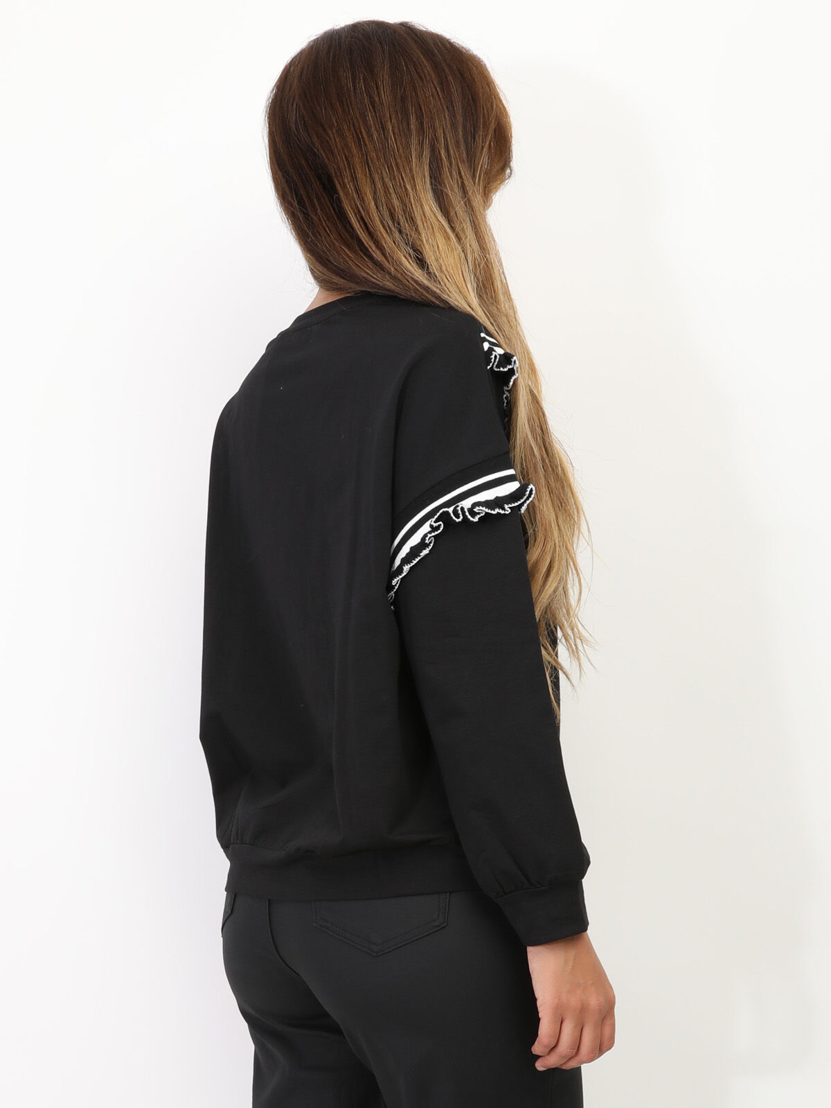 Sweat-shirt à volants contrastants- Noir