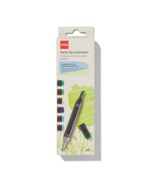 6 marqueurs twin tip bleu-vert